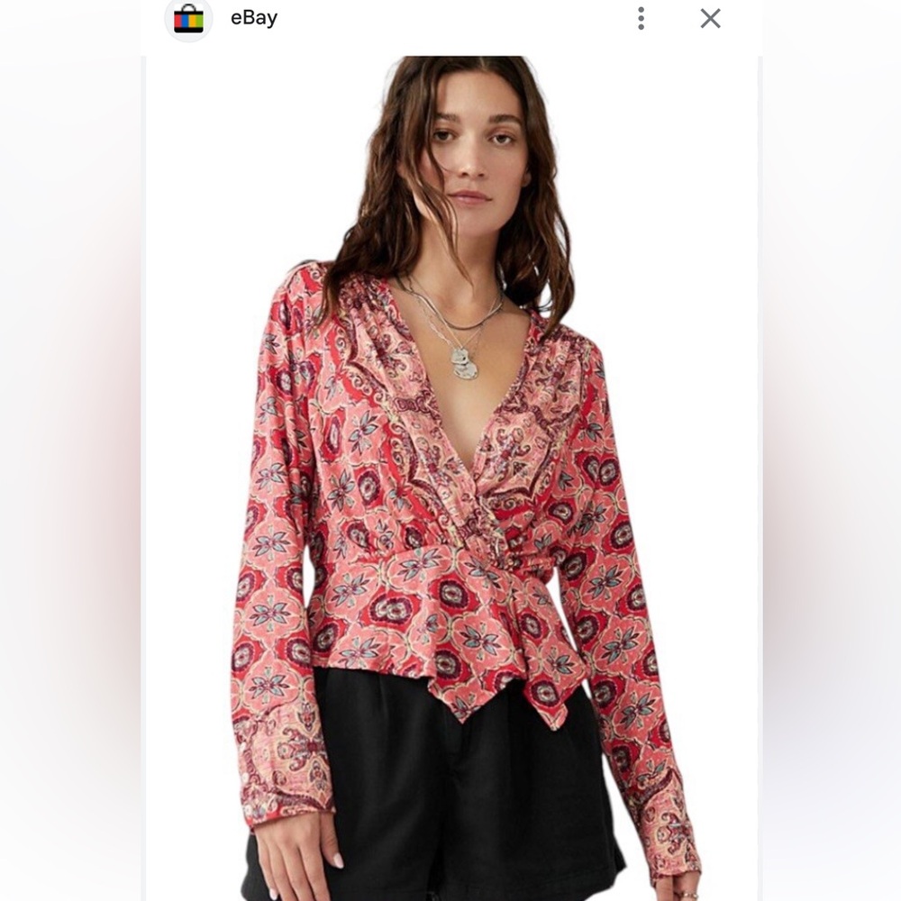 Free People Coral Paisley V-Neck Blouse